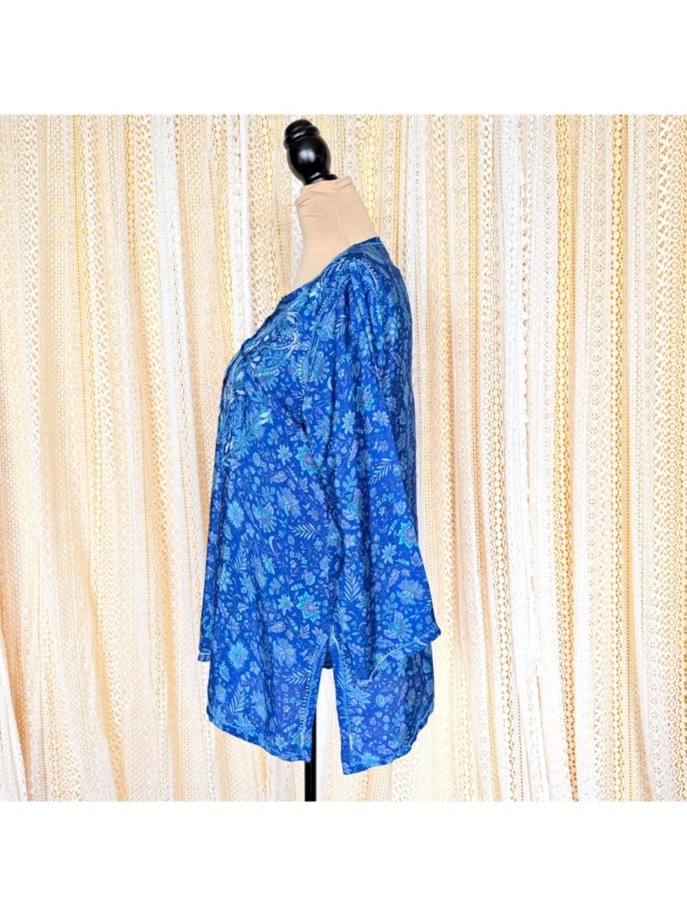 Dolma Blue 100% Silk Floral Embroidered Boho Coastal Resortwear Tunic XL - Picture 9 of 17
